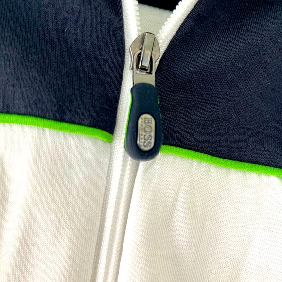 BOSS by Hugo Boss
Full-Zip, Cotton Blend Golf Top
Men’s Small
White/Navy/Lime - Picture 3 of 4